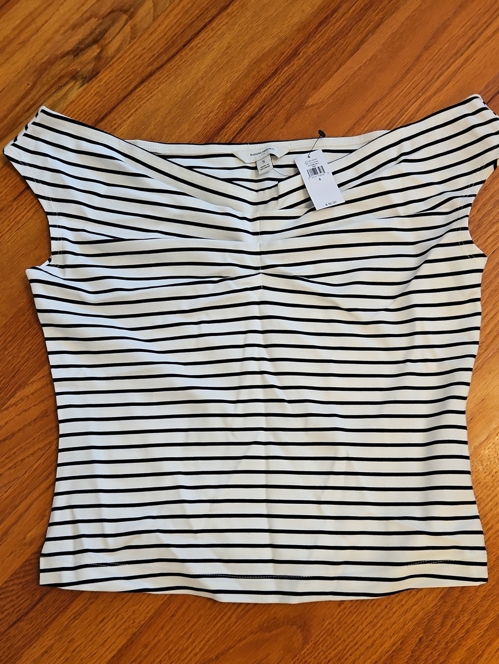Banana Republic White and Black Striped Off-Shoulder Top